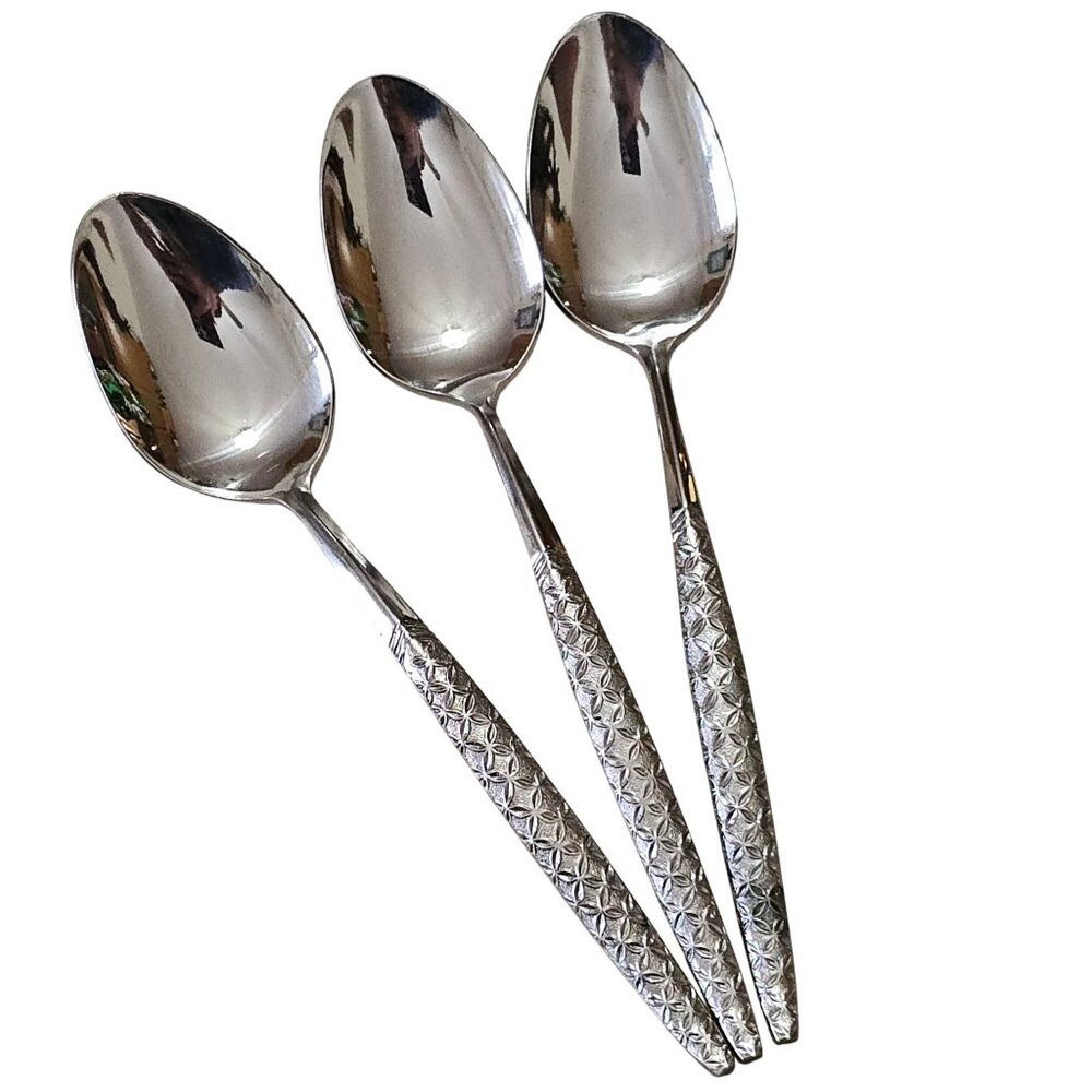 3 Cosmos Geometric Soup Spoon 7.5" stainless Korea all over texture slim CSM37